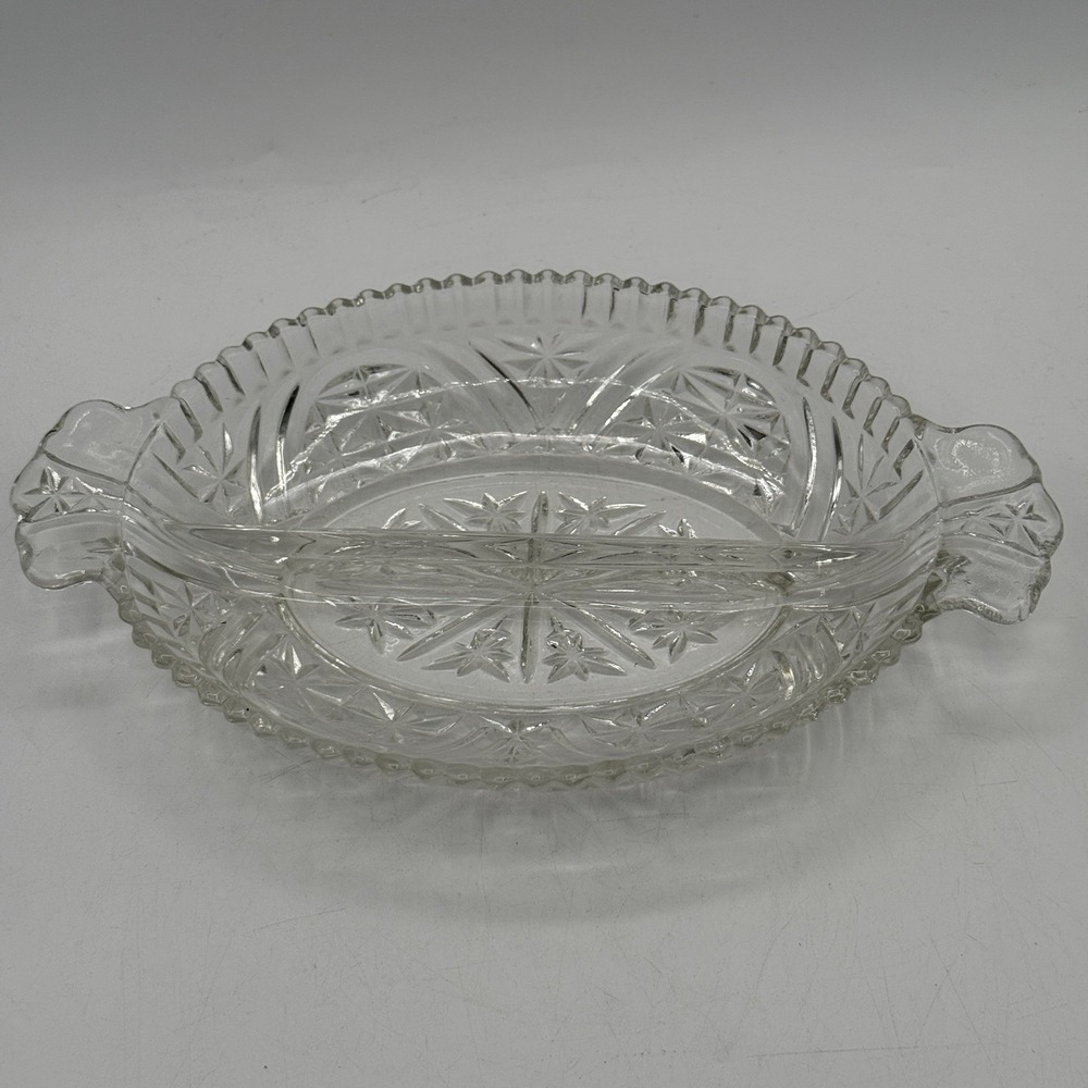 Vintage Anchor Hocking Stars and Bars Divided Glass Relish 10" Oval Dish Handles